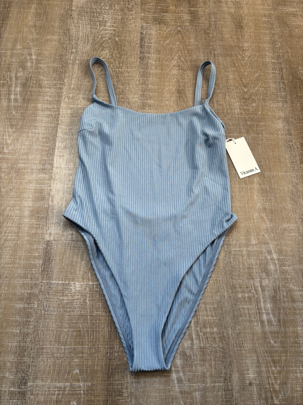 NWT Vitamin A Leah One Piece Swim Suit Size Large Light Blue Rib Ribbed Swimwear - Picture 6 of 16